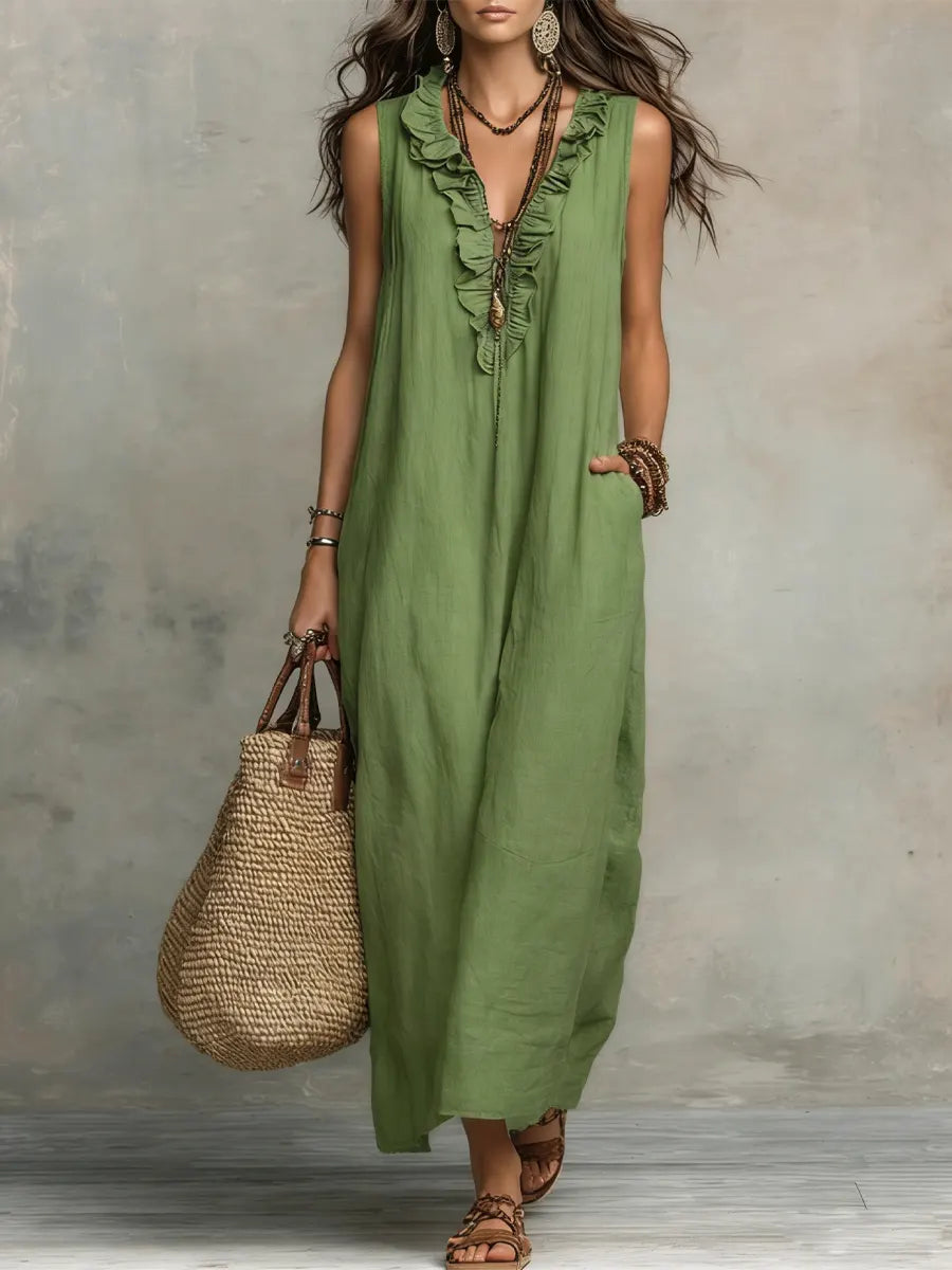 Solid Color Ruffled Art Casual Fashion Cozy Cotton Linen Dress