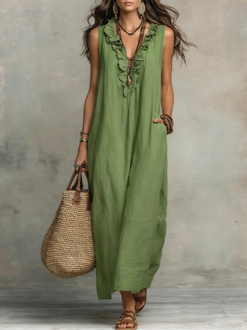 Solid Color Ruffled Art Casual Fashion Cozy Cotton Linen Dress