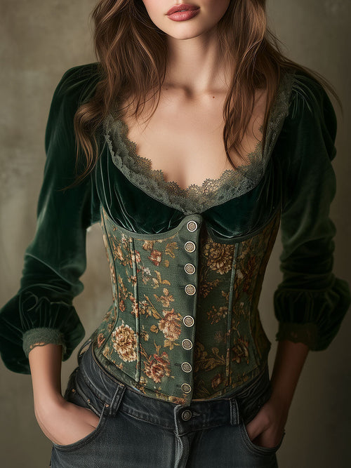 Emerald Green Velvet and Floral Lace-Trimmed Corset Blouse