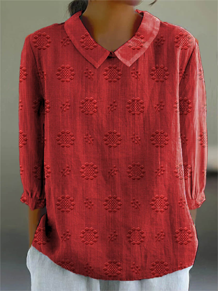 Vintage Floral Art Print Casual Cotton and Linen 3/4-Sleeve Shirt