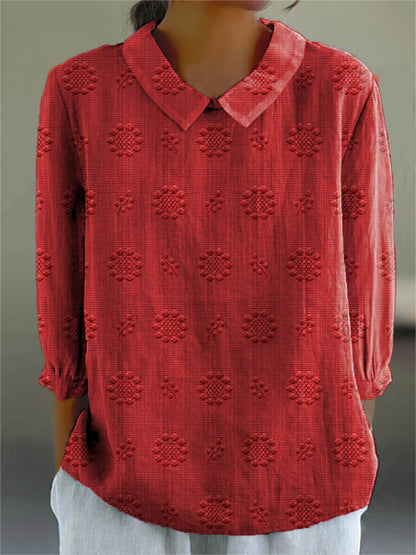 Vintage Floral Art Print Casual Cotton and Linen 3/4-Sleeve Shirt