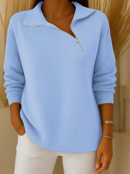Solid Color Lapel Long-Sleeve Casual Sweater