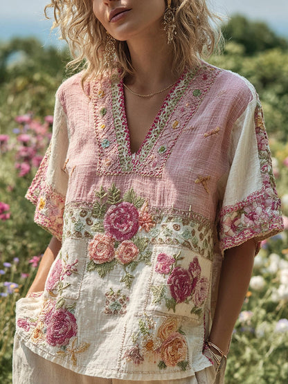 Bohemian Contrast Patchwork Floral V-Neck T-Shirt
