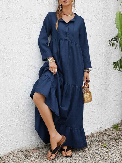 Solid Color Round Neck Long-Sleeve Casual Loose Cotton Linen Dress