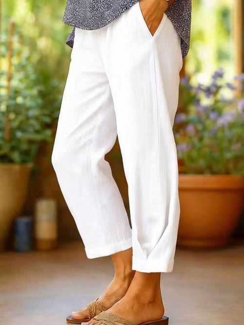 Cotton-Linen Solid Color Elastic Waist Pockets Straight Leg Loose-Fit Casual Trousers