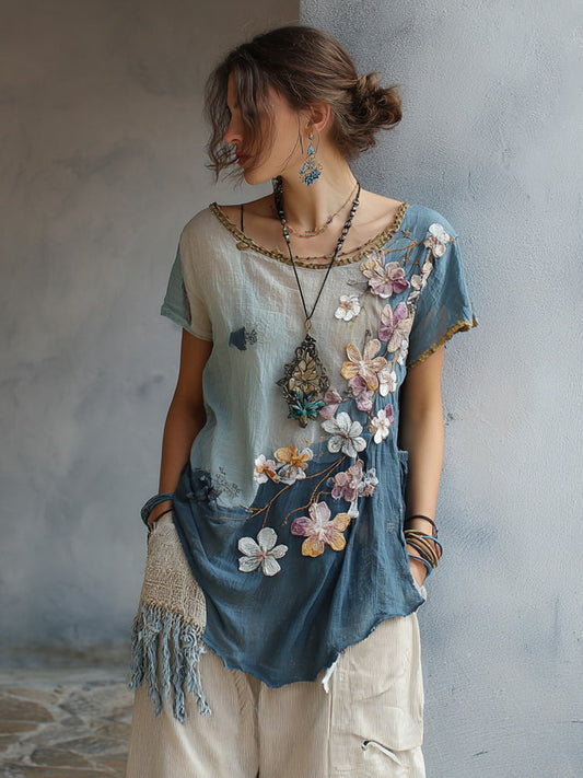 Vintage Cherry Blossom Pattern Crew Neck T-Shirt