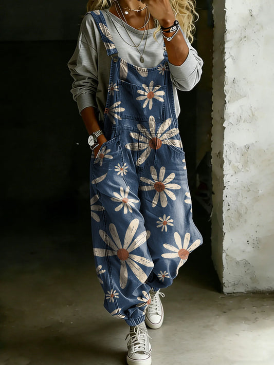 Vintage Floral Art Print Casual One Piece Denim Jumpsuit