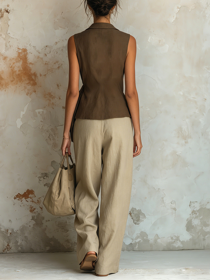 Linen-Blend Wrap Vest and High-Waist Wide-Leg Pants Set