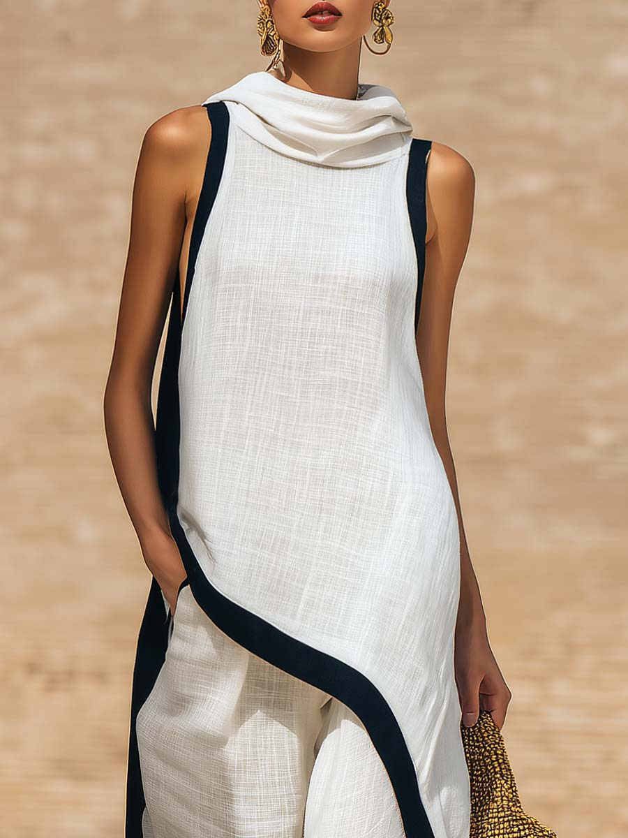 Artistic Cut Trim Elegant Linen Cotton Two-Piece Set
