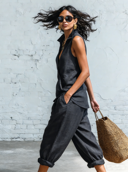 Minimalist Collared Shirt and Wide-Leg Pant Linen Two-Piece Set