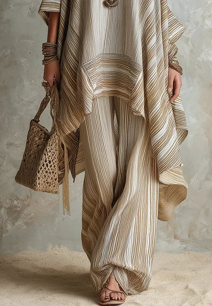 Chic Striped Casual Stylish Cotton Linen Top and Pants Set