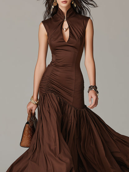 Vintage Stand-Collar Satin Pleated Fishtail Maxi Dress