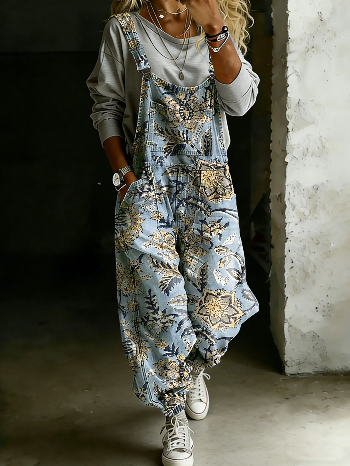 Vintage Abstract Ethnic Floral Art Print Casual One Piece Denim Jumpsuit