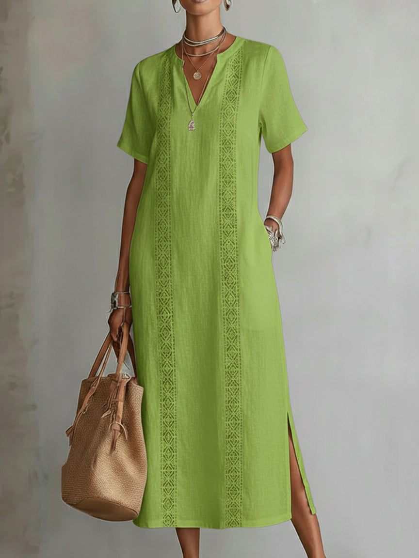 Retro Cozy Lace V-Neck Loose Linen Cotton Dress