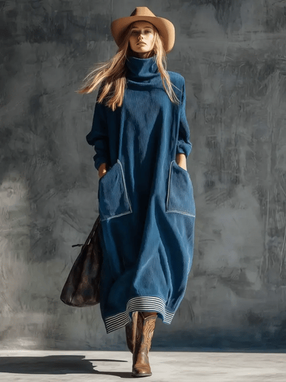 Solid Color High Neck Long-Sleeve Casual Loose Pocket Dress