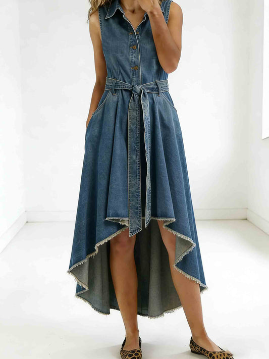 Denim Tie Waist High Low Midi Dress