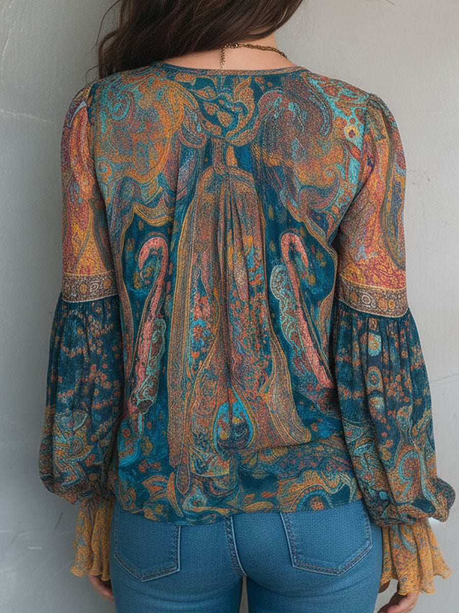 Bohemian Teal and Amber Paisley Chiffon Blouse with Ruffled Cuffs