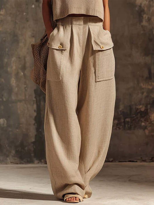 Casual Cargo Pockets Cotton-Linen Wide-Leg Pants