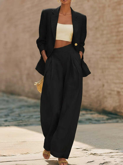 Minimalist Solid Color Suit Jacket and Wide-Leg Pants Linen Two-Piece Set