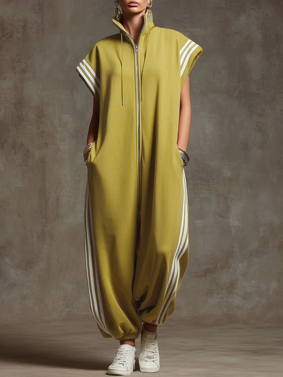 Relaxed Stand-Collar Short-Sleeved Casual Loose Cotton Wide-Leg Jumpsuit