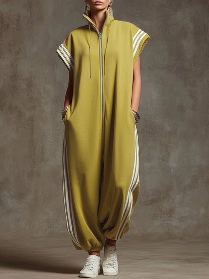 Relaxed Stand-Collar Short-Sleeved Casual Loose Cotton Wide-Leg Jumpsuit
