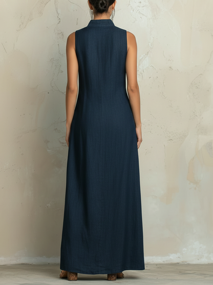 Colorblock Denim Maxi Shirt Dress with Sleeveless Button-Front Casual Maxi Dress
