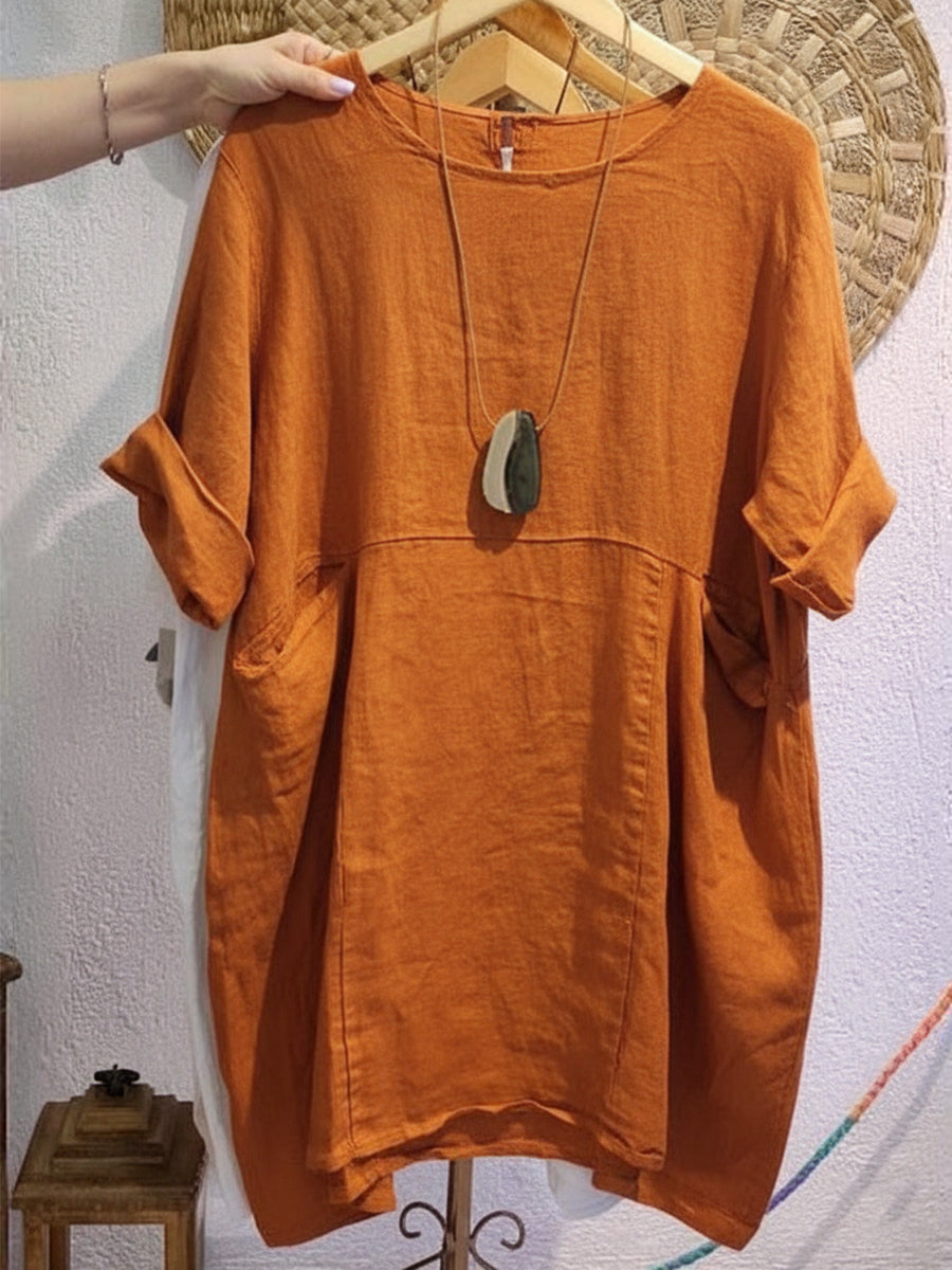 Linen and Cotton Round-Neck Dress
