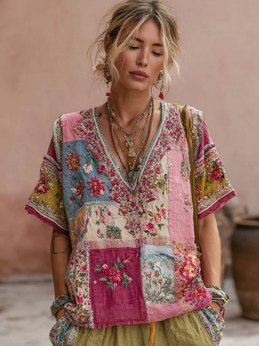 Vintage Bohemian Floral Embroidery Art V-Neck Linen Blend T-Shirt
