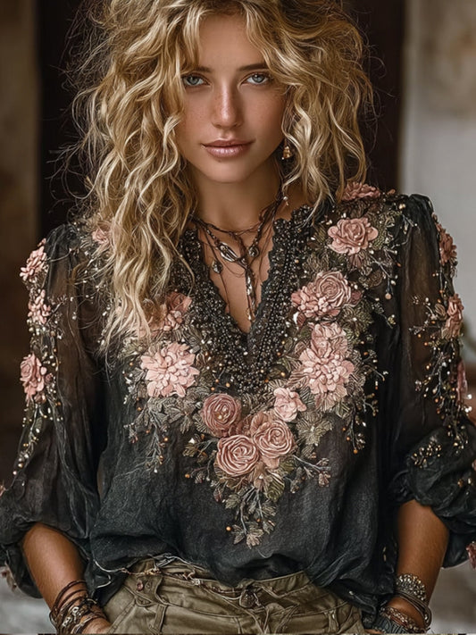 Bohemian Style Pink Rose Black Casual V-Neck Long-Sleeve Top