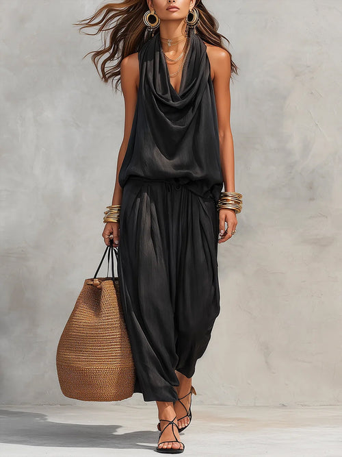 Cozy Elegant Draped Sleeveless Top and Pants Two-Piece Set