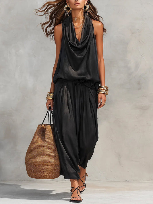 Cozy Elegant Draped Sleeveless Top and Pants Two-Piece Set