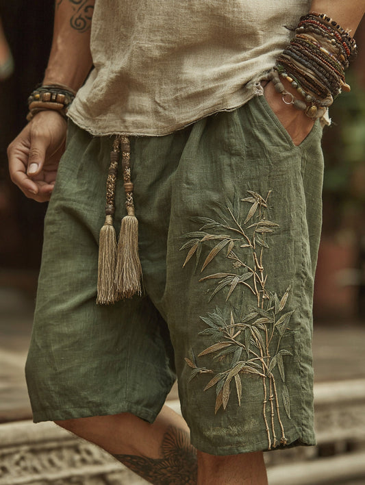Japanese Bamboo Embroidery Art Linen Blend Casual Shorts