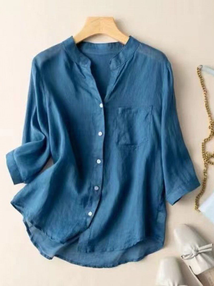 V-Neck Solid Color 3/4-Sleeve Casual Linen Cardigan Shirt