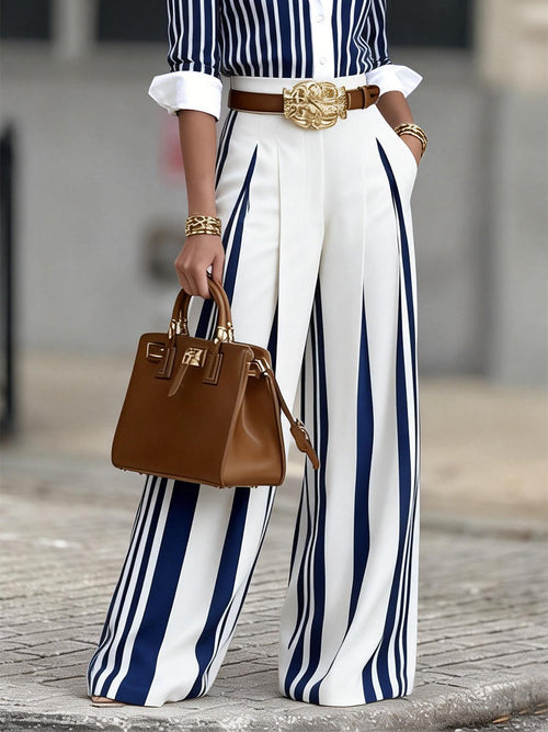 Elegant Artistic Striped Wide-Leg Pants