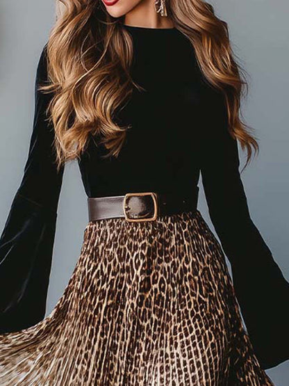 Leopard Ombre Pleated Maxi Dress with Fitted Velvet Bodice
