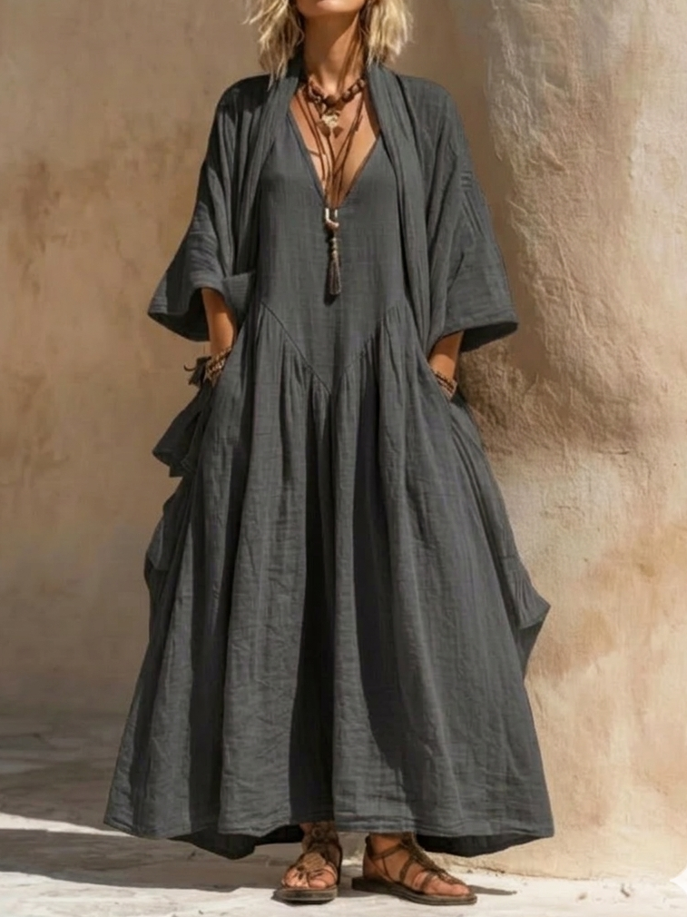 Bohemian Casual Cardigan Dress Cotton Linen Two-Piece Set
