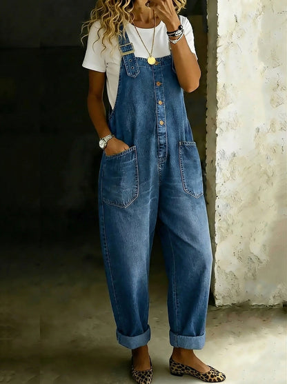 Retro Casual Denim Jumpsuit with Adjustable Buckle