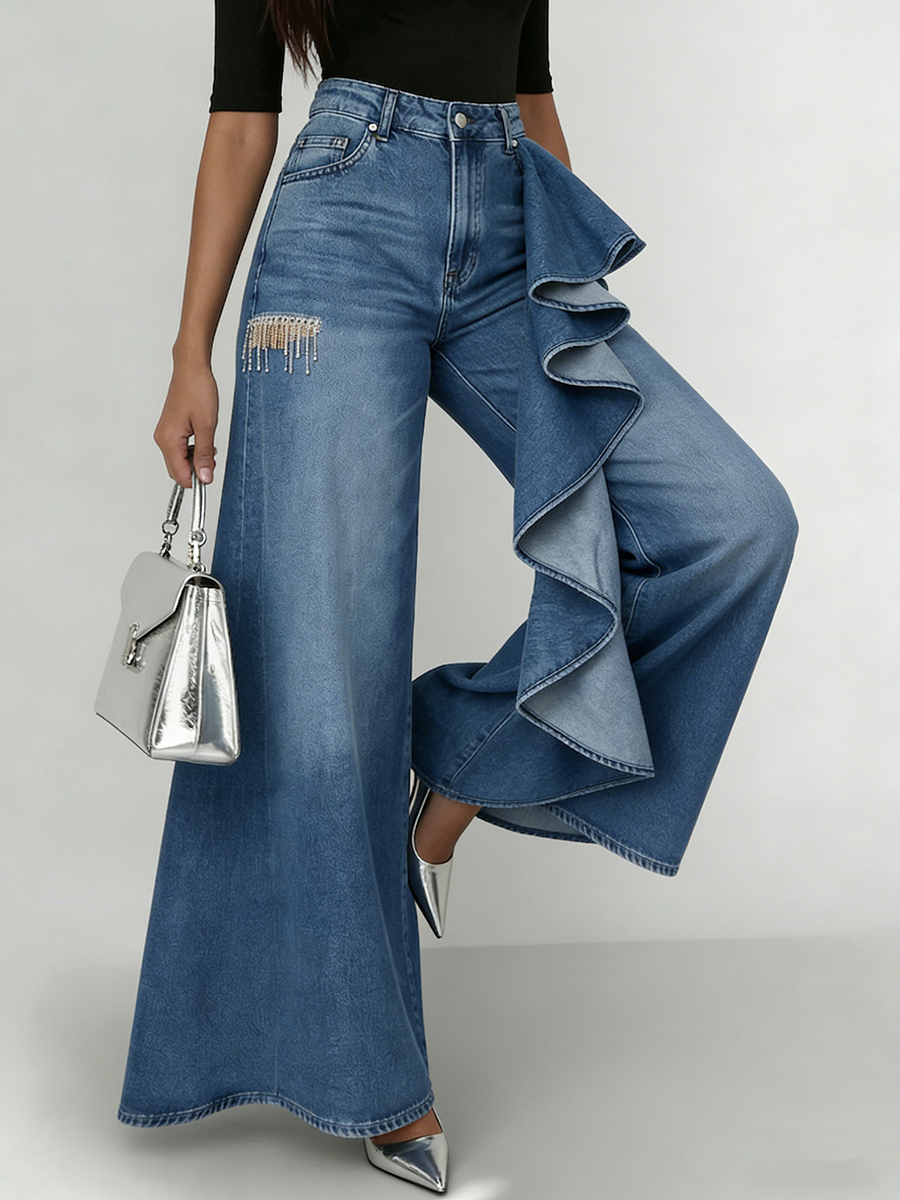 Stylish Cozy Asymmetrical Ruffles Wide-Leg Denim Jeans