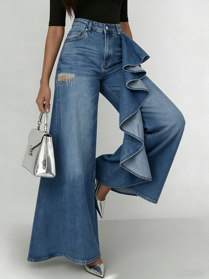 Stylish Cozy Asymmetrical Ruffles Wide-Leg Denim Jeans