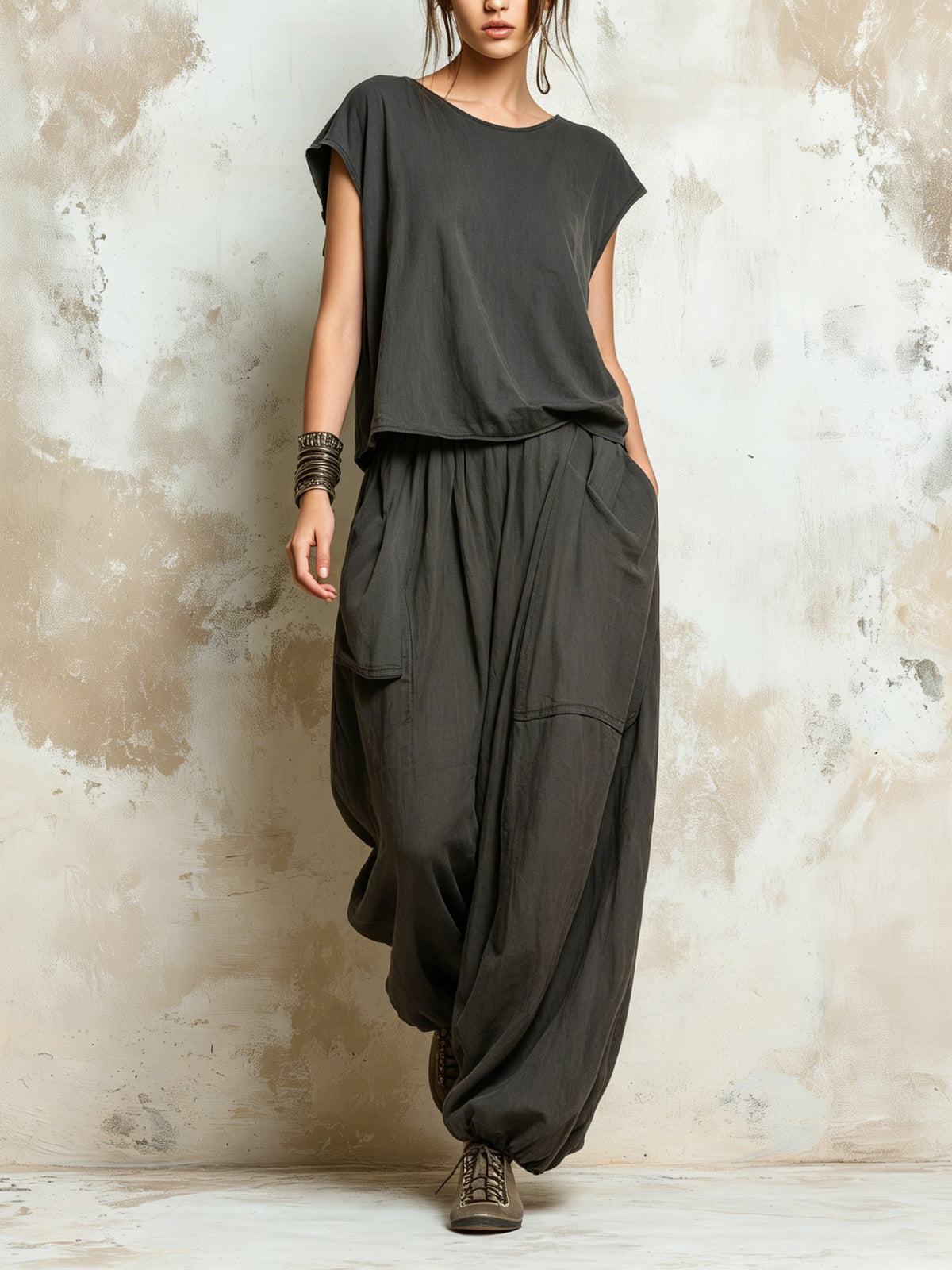 Dark Grey Oversized Linen Blend Harem Pants and Cap Sleeve Top Set
