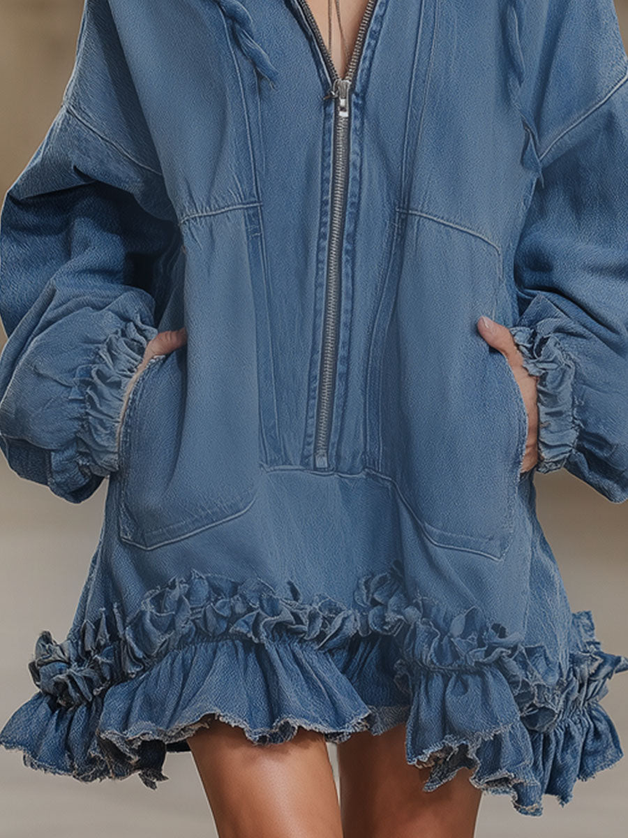 Double-Pocket Ruffled Hooded Long-Sleeved Denim Mini Dress
