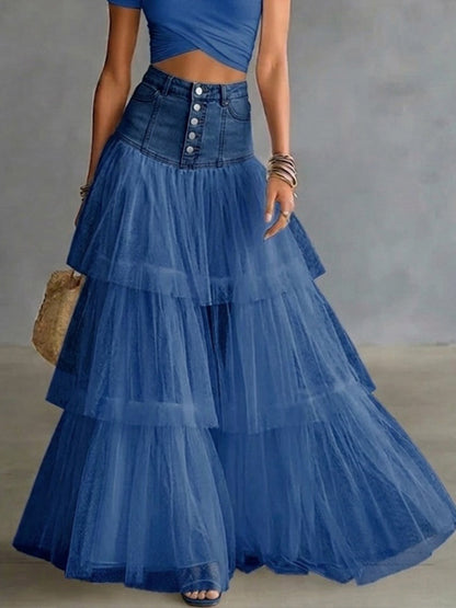 Stylish Casual Spliced Mesh Denim Skirt
