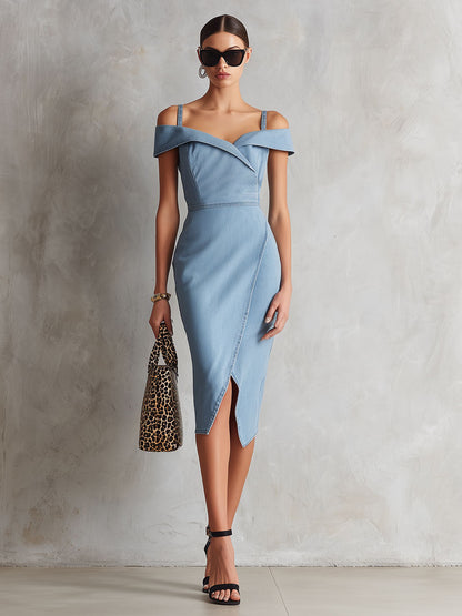 Fashionable Retro Sleeveless Off-Shoulder Slit Light Blue Denim Midi Dress