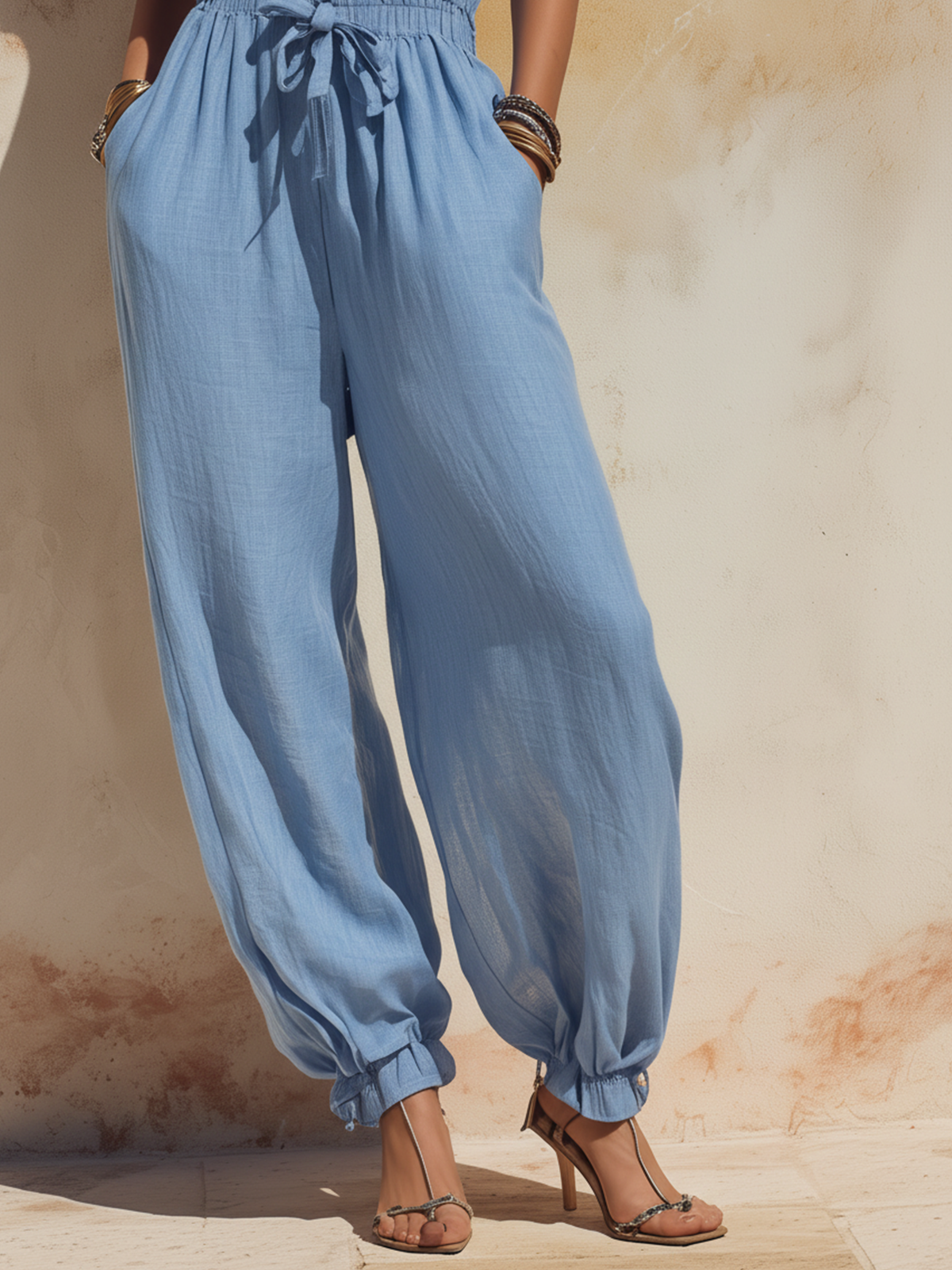 Sky Blue Linen Halter Jumpsuit with Smocked Waist