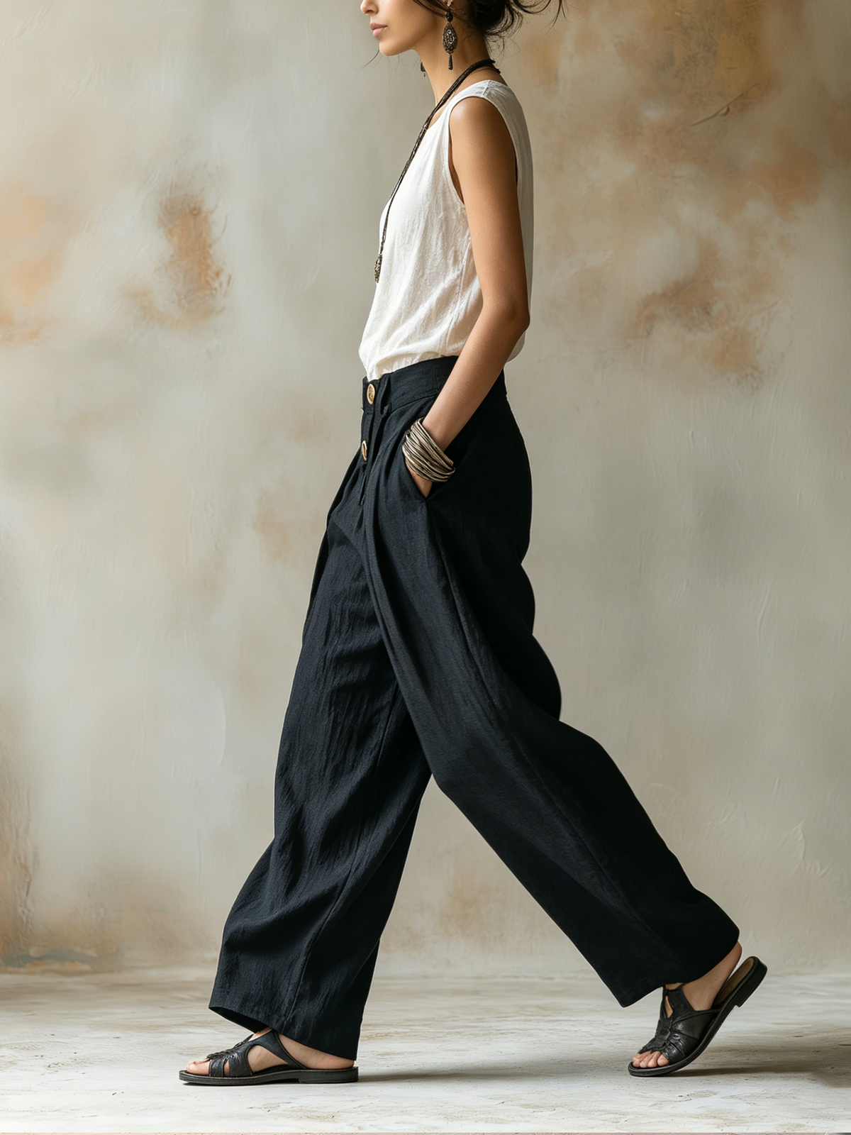 Black Linen Harem Pants with Button Detail