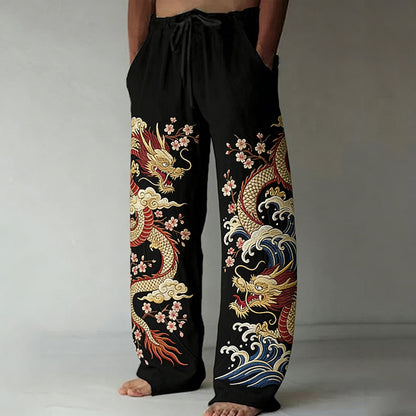 Men's Japanese Dragon and Cherry Blossom Art Comfy Linen Pants