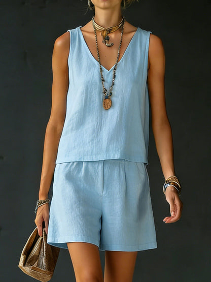 Classic Casual Sleeveless Linen Cotton Top and Shorts Two-Piece Set