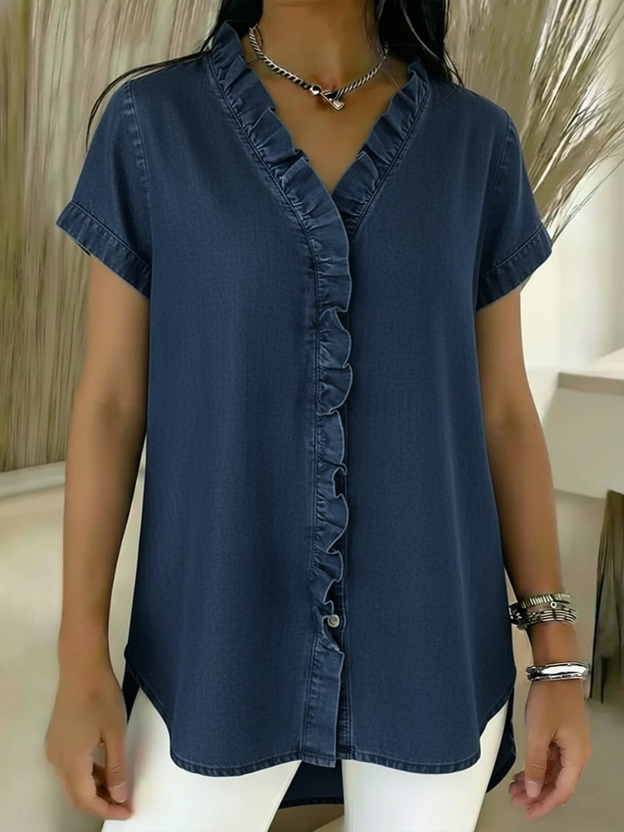 Casual Short-Sleeved Denim Shirt with Ruffled Details