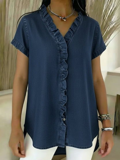 Casual Short-Sleeved Denim Shirt with Ruffled Details