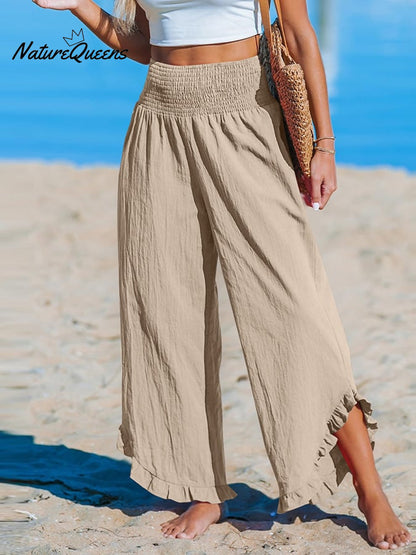 High-Waist Pleated Irregular Hem Cotton and Linen Loose Casual Pants